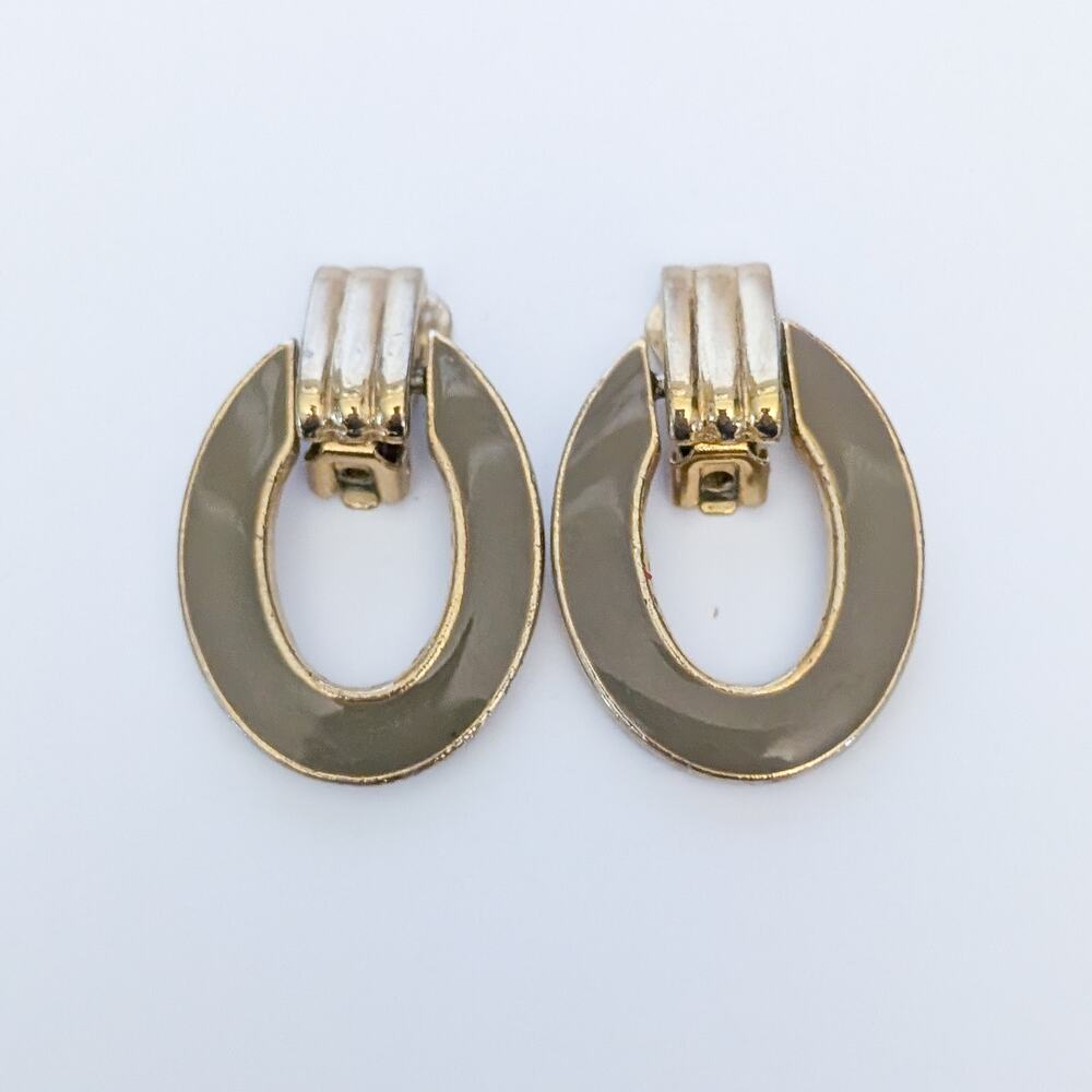 Vintage Clip On Earrings Muted Green & Gold Tone Large Statement Fair Condition